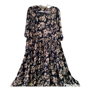 Asos Black Floral Midi Dress Sz.16 Ruffled Tiered, Peasant, Cottagecore, Prairie